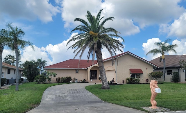 674 Monaco Dr, Punta Gorda, FL 33950 - view of front facade with stucco siding, driveway, a front yard, and central AC