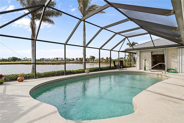 view of pool featuring a water view, a lanai, and a patio area