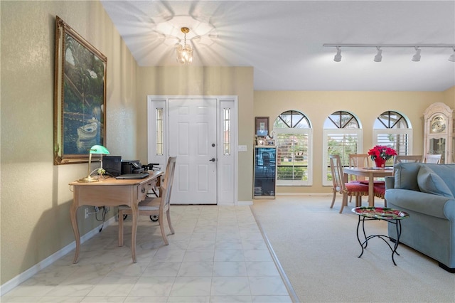 carpeted foyer with rail lighting