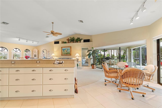 dining space with ceiling fan, lofted ceiling, a healthy amount of sunlight, and track lighting