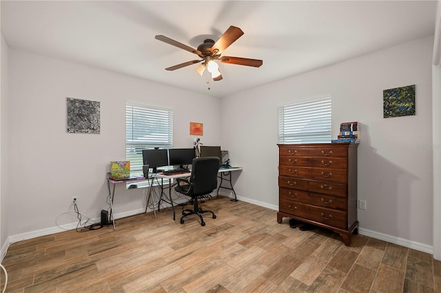 office space featuring ceiling fan and light wood-type flooring