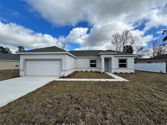 ranch-style house featuring stucco siding, a front yard, fence, a garage, and driveway