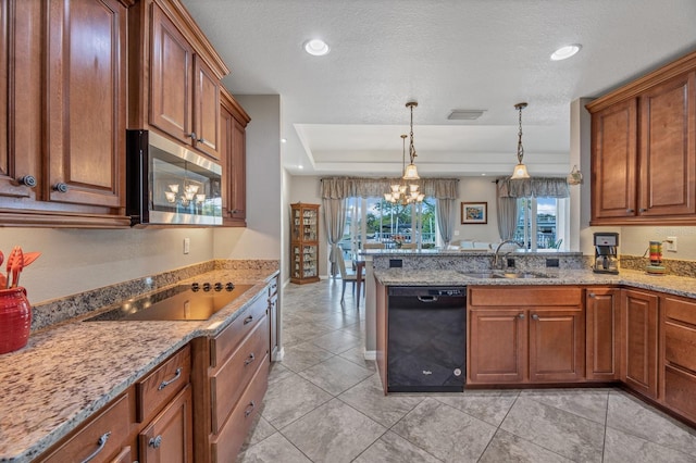 kitchen featuring pendant lighting, black appliances, sink, light stone counters, and light tile patterned floors