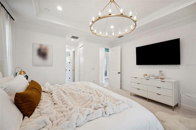 carpeted bedroom featuring a tray ceiling, crown molding, and an inviting chandelier