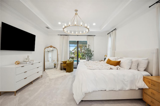 carpeted bedroom featuring a notable chandelier, crown molding, access to outside, and a tray ceiling