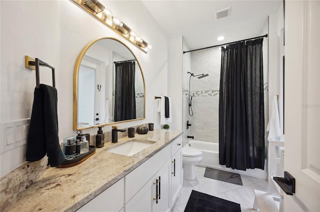 full bathroom featuring vanity, toilet, shower / tub combo, and tile patterned floors