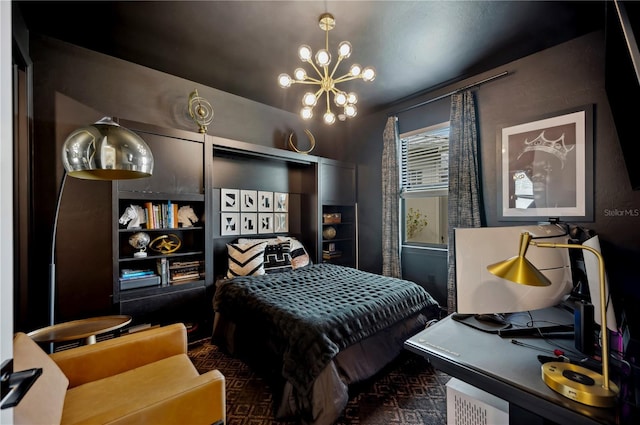 bedroom featuring an inviting chandelier