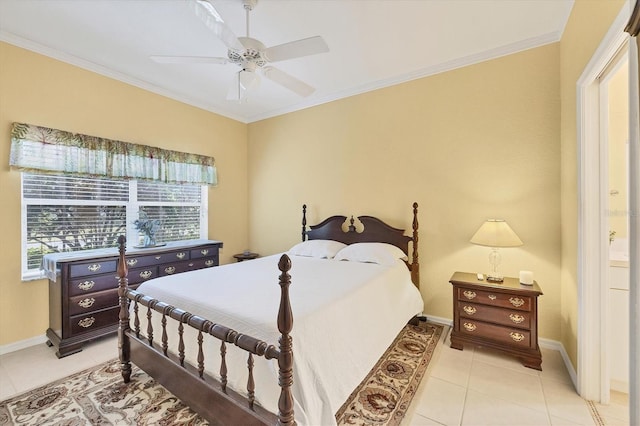 bedroom with ornamental molding, light tile patterned floors, and ceiling fan