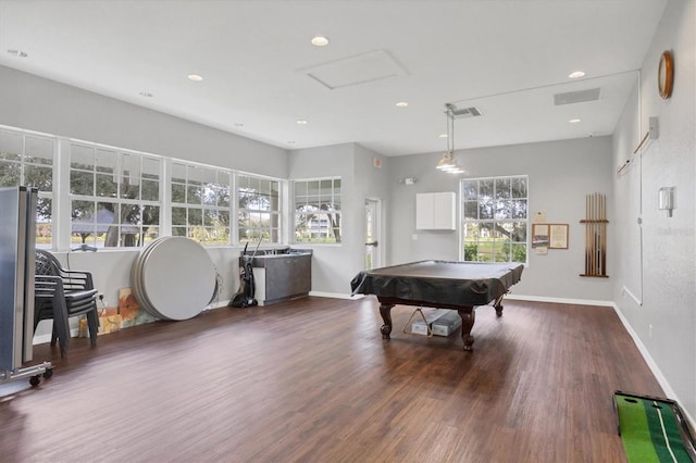 recreation room with plenty of natural light, billiards, and dark hardwood / wood-style floors