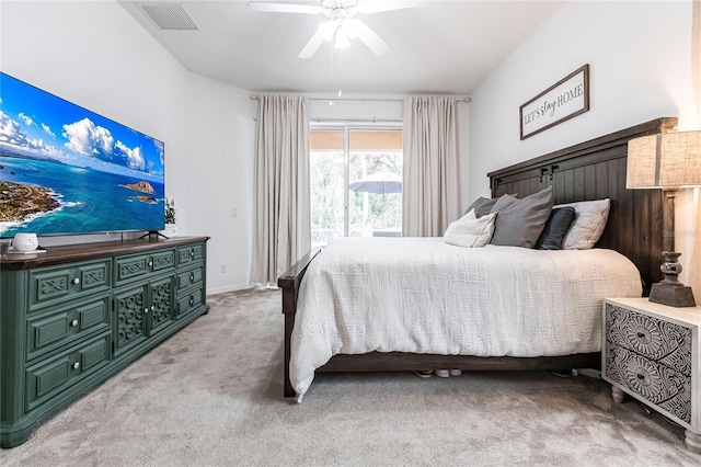 bedroom with ceiling fan and light colored carpet