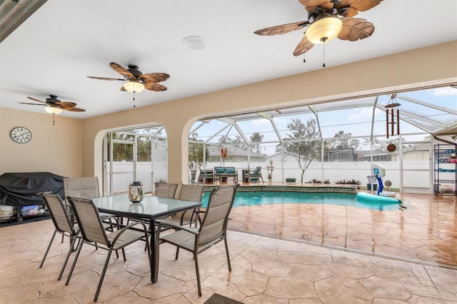 interior space featuring ceiling fan