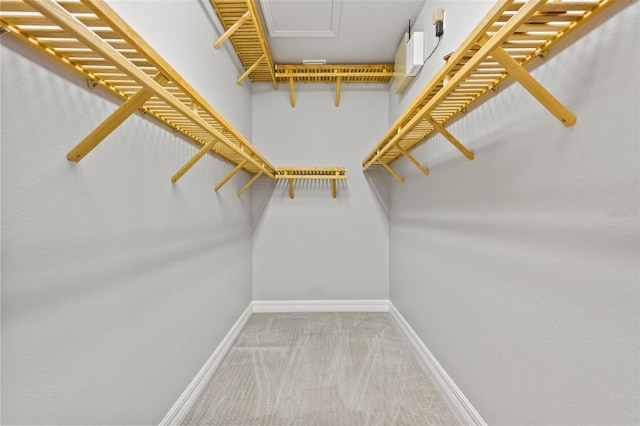 walk in closet featuring light colored carpet