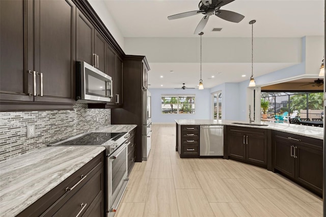 kitchen with sink, tasteful backsplash, dark brown cabinets, pendant lighting, and stainless steel appliances