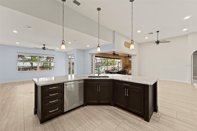 kitchen with a large island, hanging light fixtures, stainless steel dishwasher, and sink