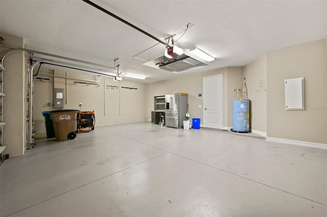 garage with a garage door opener, electric panel, stainless steel fridge with ice dispenser, and water heater