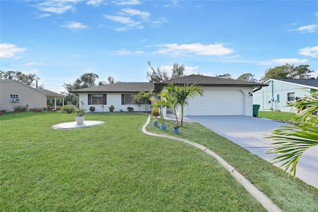 ranch-style house with a garage and a front yard