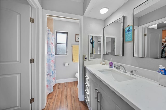 bathroom featuring vanity, wood-type flooring, and toilet