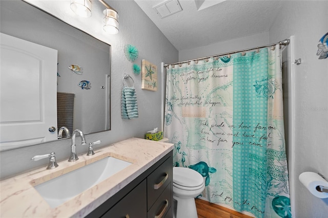 bathroom with vanity, toilet, a textured ceiling, and walk in shower