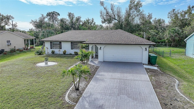 ranch-style house with a garage and a front lawn