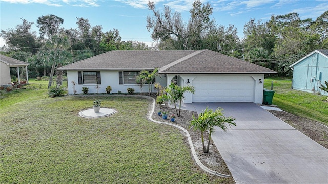 ranch-style home featuring a garage and a front yard