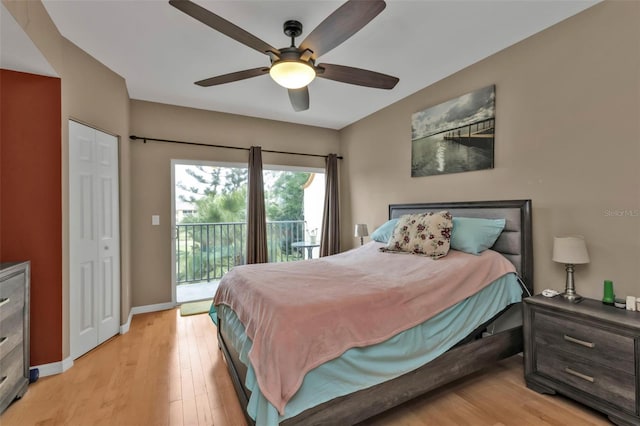 bedroom with ceiling fan, access to exterior, and light wood-type flooring