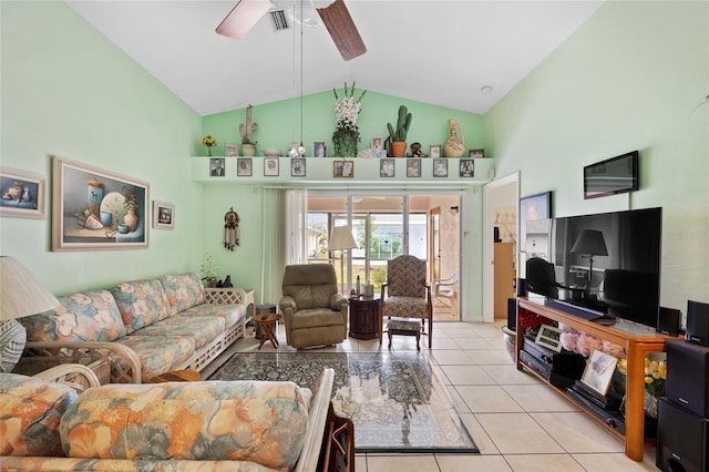 tiled living room with high vaulted ceiling and ceiling fan