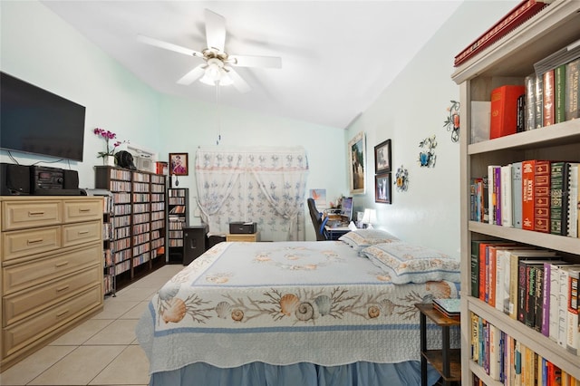 tiled bedroom with vaulted ceiling and ceiling fan