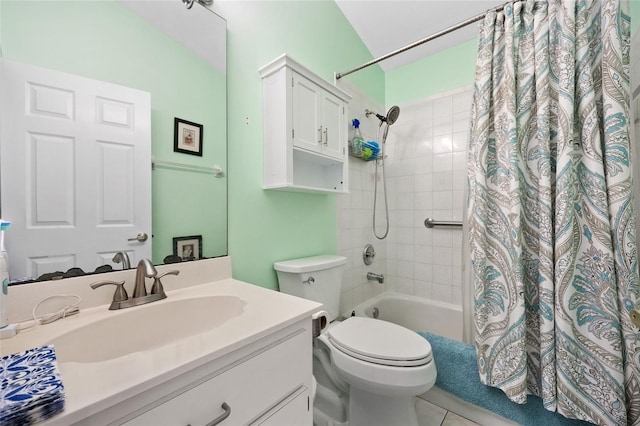 full bathroom with vanity, shower / bathtub combination with curtain, tile patterned floors, and toilet