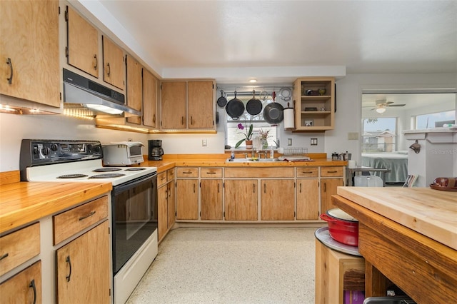 kitchen featuring a healthy amount of sunlight, white electric range, and wooden counters