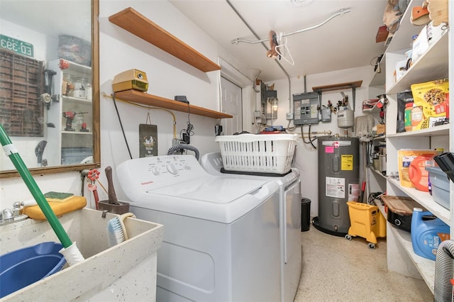 laundry area with electric water heater, sink, electric panel, and washer and clothes dryer