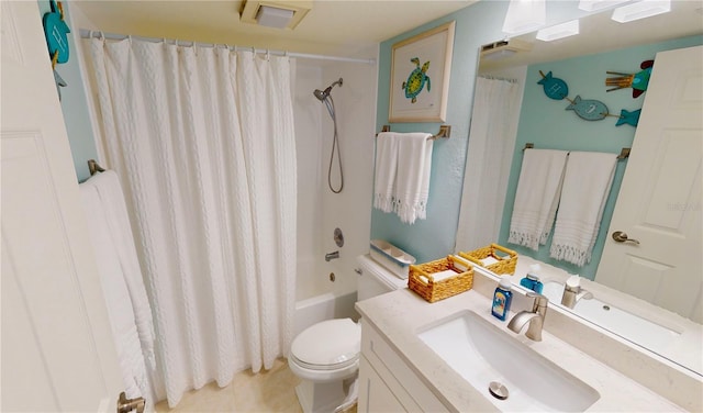 full bathroom featuring vanity, shower / tub combo, and toilet