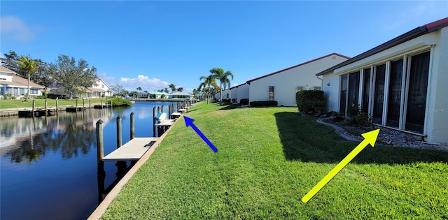 view of dock featuring a water view and a lawn