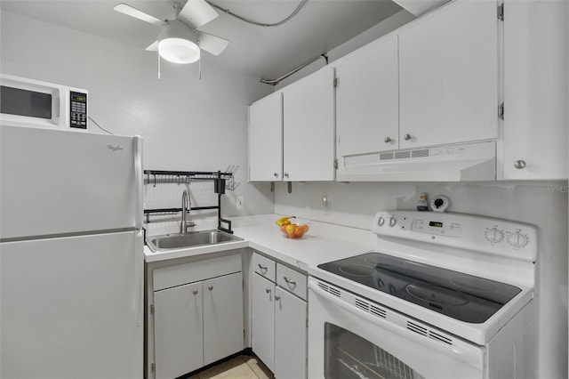 kitchen featuring white cabinetry, white appliances, ceiling fan, and sink