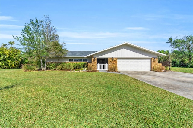 single story home with a garage and a front lawn