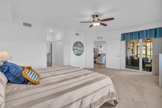 bedroom with crown molding, ceiling fan, access to exterior, light carpet, and a closet