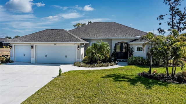 single story home featuring a garage and a front lawn