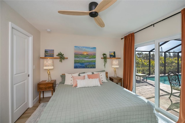 bedroom with ceiling fan, access to exterior, and light wood-type flooring