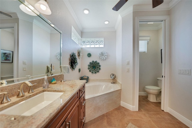 bathroom featuring tiled bath, tile patterned flooring, vanity, toilet, and crown molding