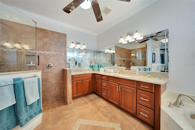 bathroom featuring vanity, ornamental molding, plus walk in shower, and ceiling fan