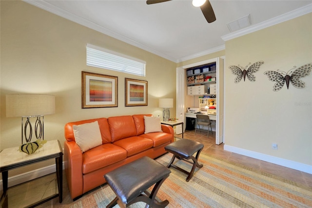 tiled living room featuring crown molding and ceiling fan