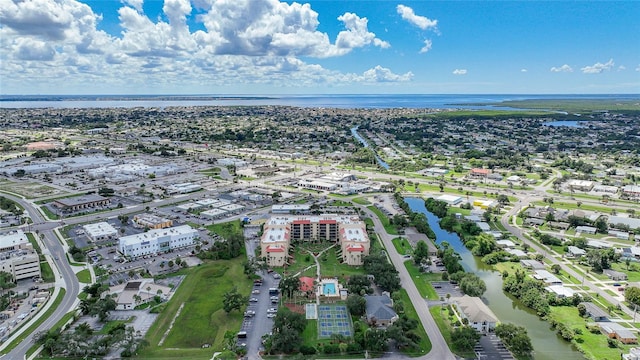 bird's eye view with a water view