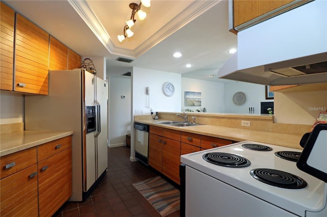 kitchen with island exhaust hood, sink, ornamental molding, a tray ceiling, and white appliances