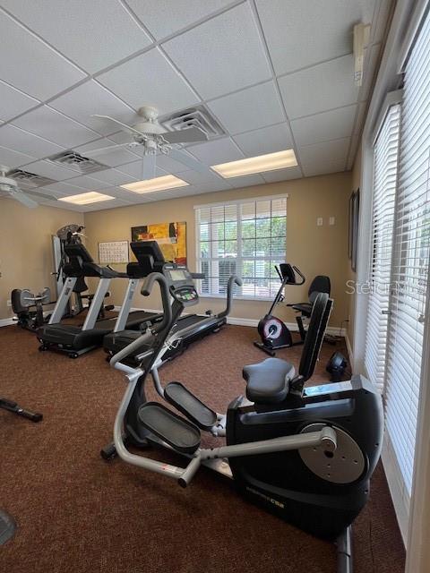 workout area featuring visible vents, baseboards, carpet floors, and a paneled ceiling