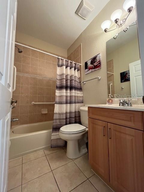bathroom with shower / bath combination with curtain, toilet, visible vents, tile patterned flooring, and vanity