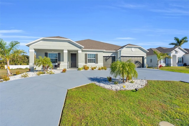 ranch-style house with a garage and a front lawn