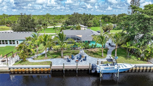 bird's eye view with a water view