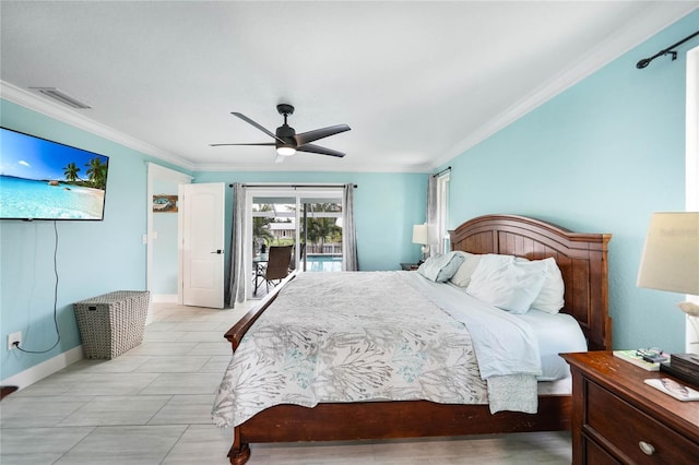 bedroom with ornamental molding, access to exterior, and ceiling fan