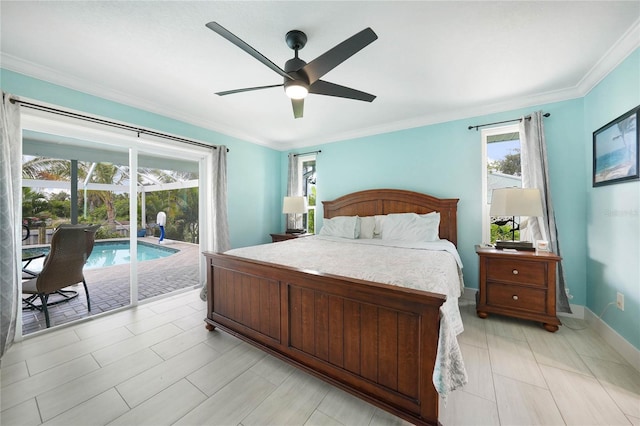 bedroom featuring crown molding, ceiling fan, access to exterior, and multiple windows