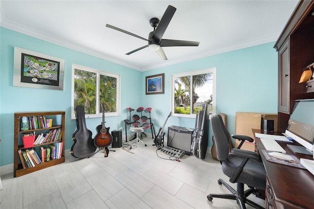 office featuring ceiling fan and ornamental molding