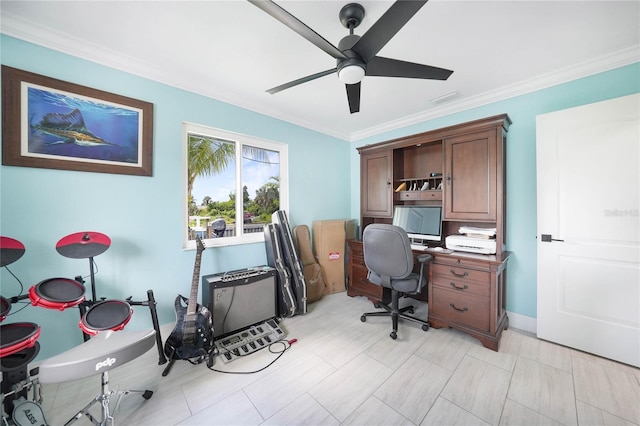 home office with crown molding and ceiling fan